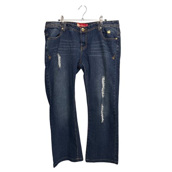 Apple Bottoms Jeans Womens 13/14 Dark Wash Blue Bootcut Distressed Low Rise Y2K - Picture 2 of 15